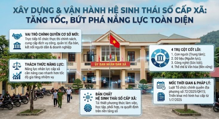Hình ảnh thực tế trụ sở Ủy ban nhân dân xã được lồng ghép các bảng thông tin đồ họa về hệ sinh thái số. Nội dung hiển thị các thông tin cốt lõi: vai trò mới của chính quyền cơ sở, thách thức nâng cao năng lực nhân sự, bản chất của hệ sinh thái số, 4 trụ cột (con người, dữ liệu, công nghệ, thể chế) và cơ sở pháp lý triển khai theo Luật số 72/2025/QH15.
