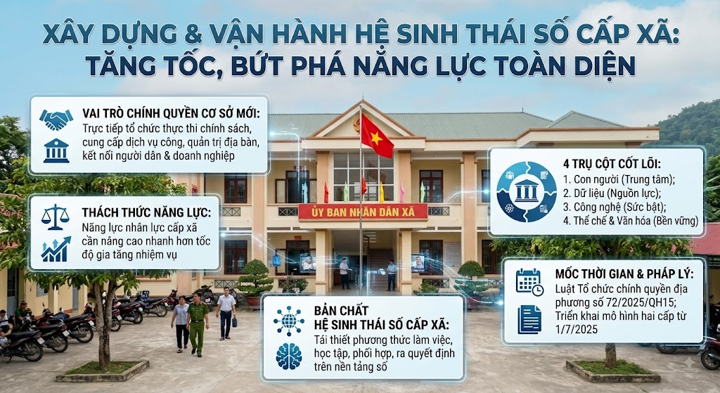 Hình ảnh thực tế trụ sở Ủy ban nhân dân xã được lồng ghép các bảng thông tin đồ họa về hệ sinh thái số. Nội dung hiển thị các thông tin cốt lõi: vai trò mới của chính quyền cơ sở, thách thức nâng cao năng lực nhân sự, bản chất của hệ sinh thái số, 4 trụ cột (con người, dữ liệu, công nghệ, thể chế) và cơ sở pháp lý triển khai theo Luật số 72/2025/QH15.