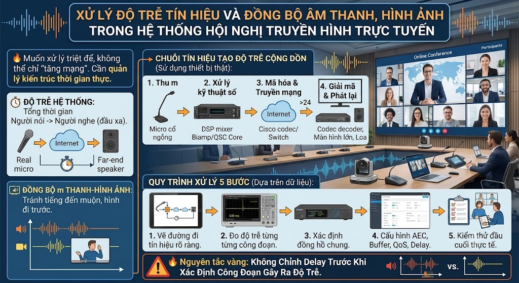 Đồ họa thông tin trình bày trên nền một phòng họp trực tuyến thực tế. Cột trái giải thích khái niệm độ trễ hệ thống và hiện tượng mất đồng bộ âm thanh - hình ảnh. Phần trung tâm mô tả chuỗi tín hiệu tạo độ trễ cộng dồn với hình ảnh thiết bị thực (Micro cổ ngỗng -> DSP Mixer -> Codec/Mạng -> Màn hình/Loa). Phần dưới cùng là quy trình xử lý 5 bước: 1. Vẽ đường đi tín hiệu; 2. Đo độ trễ; 3. Xác định đồng hồ chung; 4. Cấu hình AEC, Buffer; 5. Kiểm thử thực tế. Cuối cùng là dải băng cảnh báo màu cam với "Nguyên tắc vàng: Không chỉnh delay trước khi xác định công đoạn gây ra độ trễ".