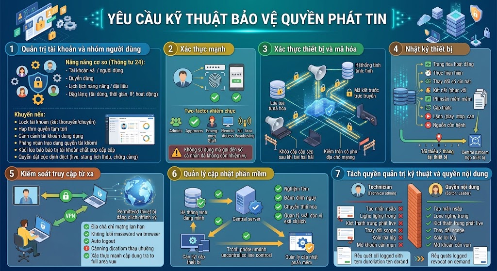 Đồ họa thông tin kỹ thuật số trình bày 7 yêu cầu bảo vệ quyền phát tin mạng truyền thanh cơ sở gồm: 1. Quản trị tài khoản; 2. Xác thực mạnh hai lớp (2FA); 3. Xác thực thiết bị và mã hóa hai chiều; 4. Lưu trữ nhật ký thiết bị tối thiểu 3 tháng; 5. Kiểm soát truy cập từ xa; 6. Quản lý cập nhật phần mềm; 7. Tách biệt rạch ròi giữa quyền quản trị kỹ thuật và quyền nội dung. Giao diện thiết kế theo dạng bảng điều khiển công nghệ (dashboard) trực quan.